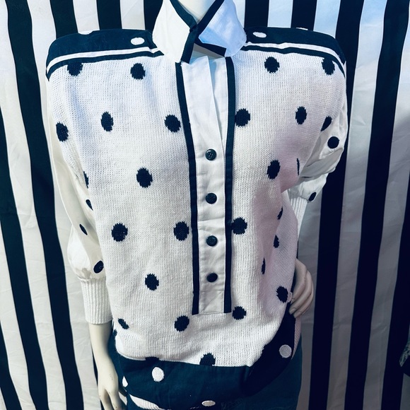 Side Effects 80s Vintage Cotton Knit / Linen Polka Dot Shoulder Pad Cardigan - Picture 2 of 7